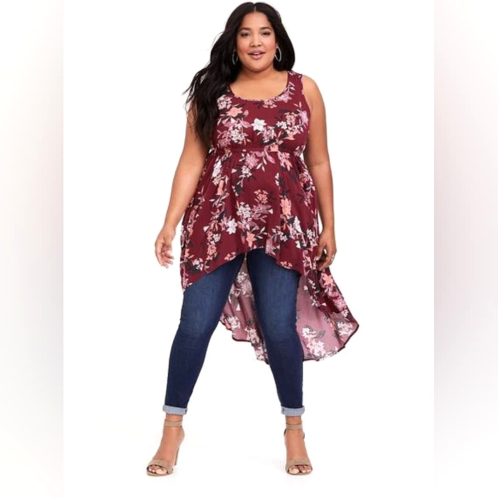 Torrid Red Floral Challis Babydoll Hi-Lo Tank Top